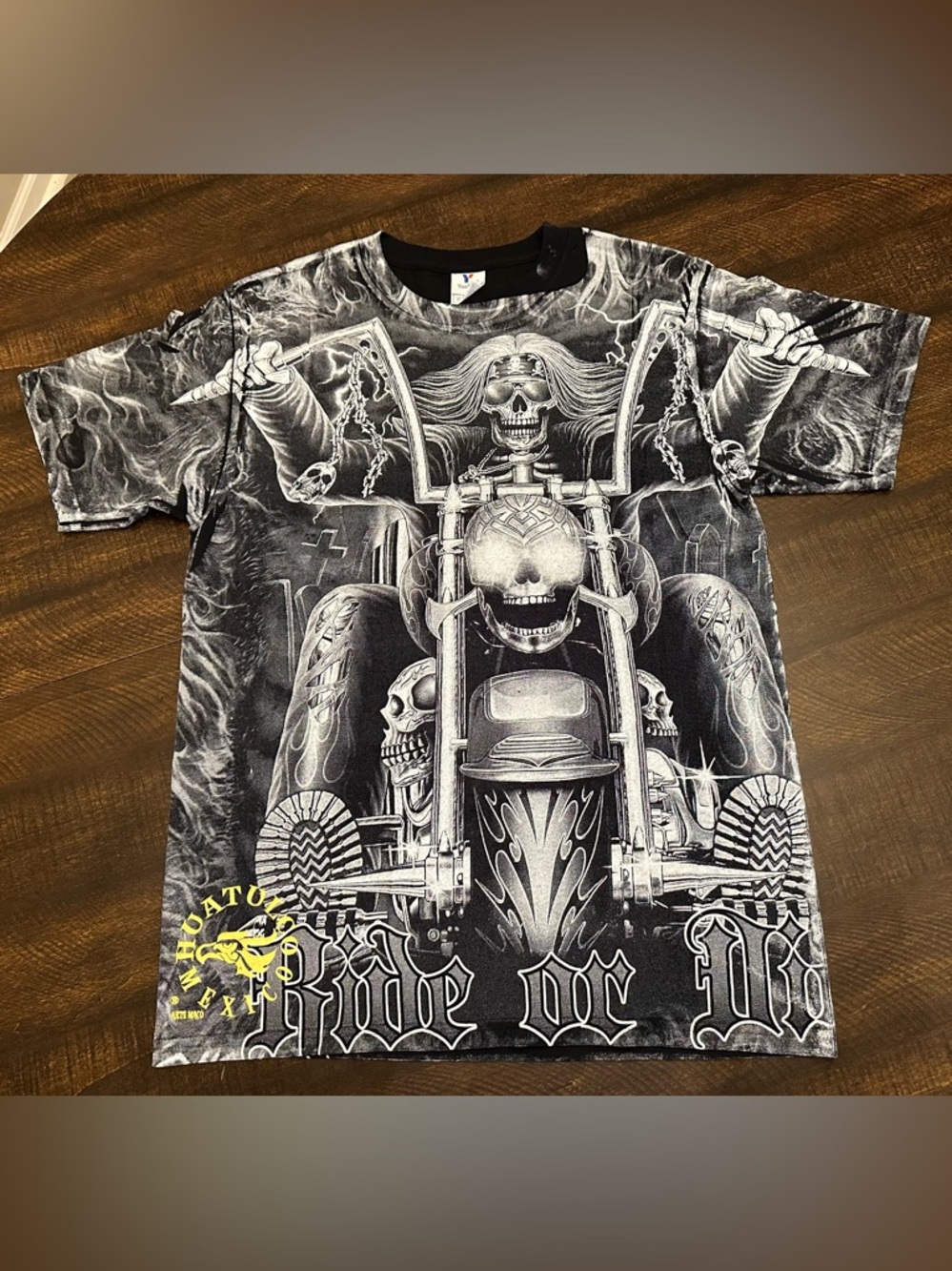 Huatulco Mexico Black Skull Motorcycle AOP Ride or Die Graphic Shirt-Men’s Med